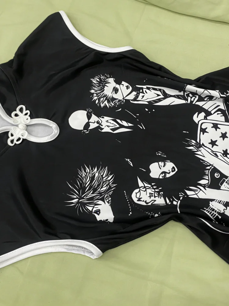Anime Rock Print Cheongsam Top Women Frog Button Detail Y2K Aesthetic Streetwear 2026