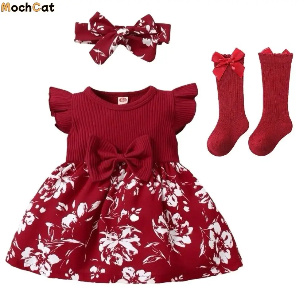 

Colorful Bow Baby Girl Dress Floral Short Sleeve Newborn Clothes Set Soft Cotton Infant Red Princess Dress Baby Aged 3-12 Months
