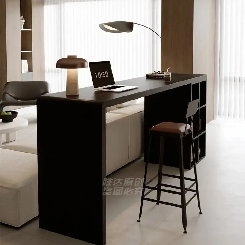 

Raised solid wood desk, ash wood, black home bar table, partition, horizontal hall, long table behind sofa, workbench