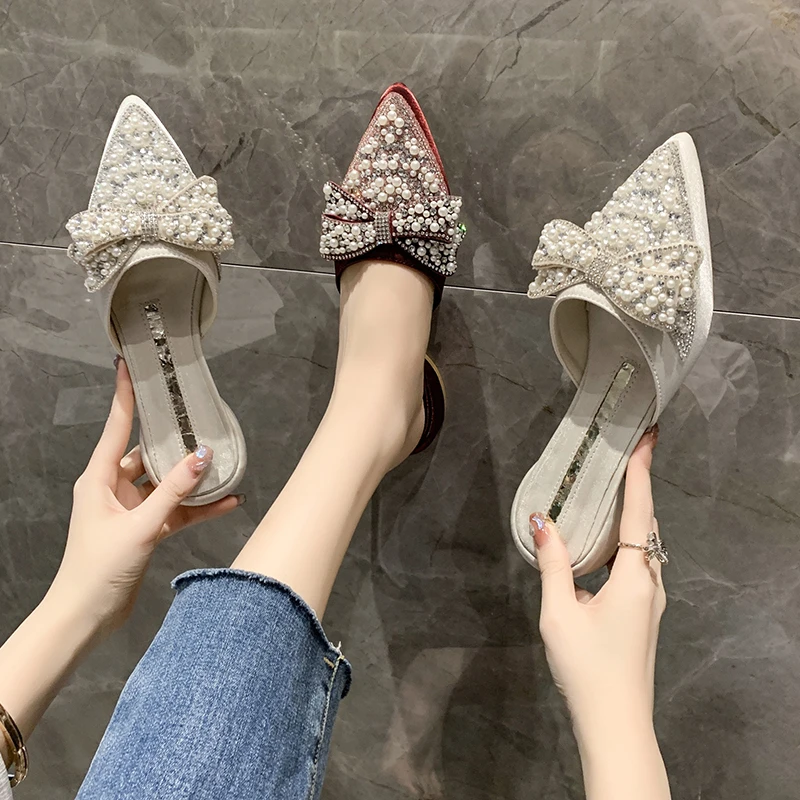 2022 Autumer New Slippers Women Rhinestone Fashion Slippers Woemn Pointed Toed Bow Shoes Women Causal Slippers Female