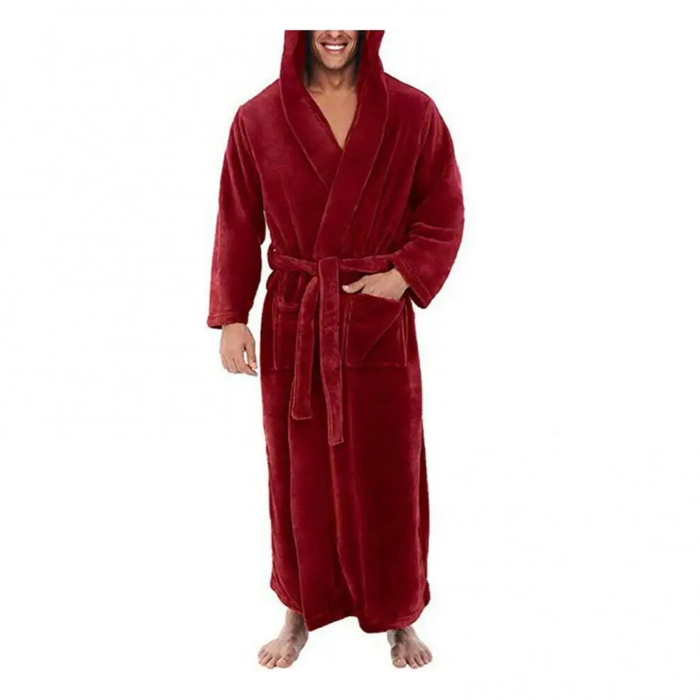 Sleepwear Pockets Solid Color Soft Men Coral Fleece Long Bath Robe Home Gown Sleepwear