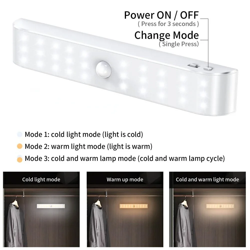 20/30LED USB Rechargeable Under Cabinet Night Light PIR Motion Sensor Closet Light Kitchen Stairs Wardrobe Wall Lamp