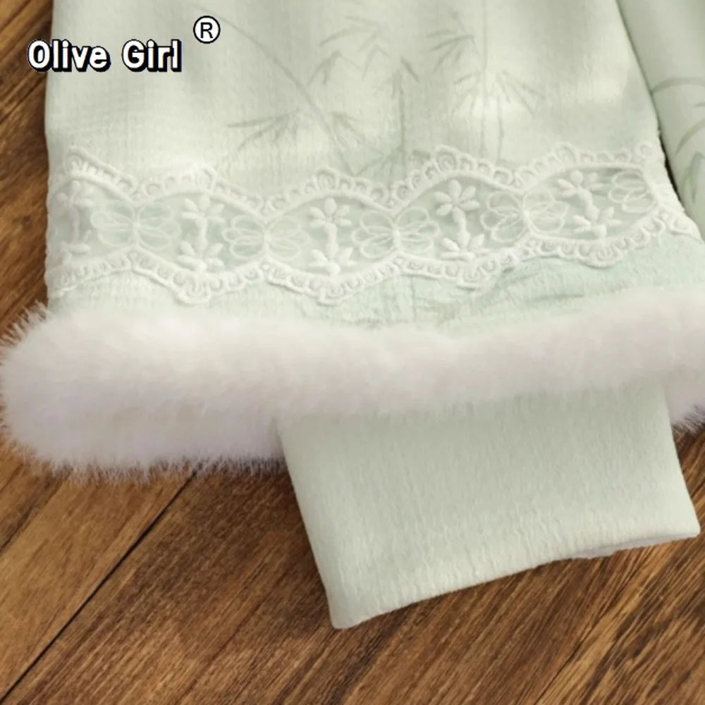 فستان تشيباو الشتوي Cheongsams سميك أخضر قطيفة بياقة أنيقة عالية الجودة وأكمام مقلوبة الدفء الملابس الصينية التقليدية #5