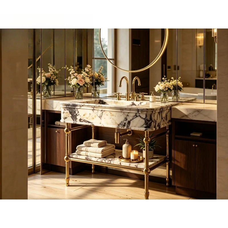Modern rectangular and oval bathroom sinks made of natural marble, with brass bases and drains