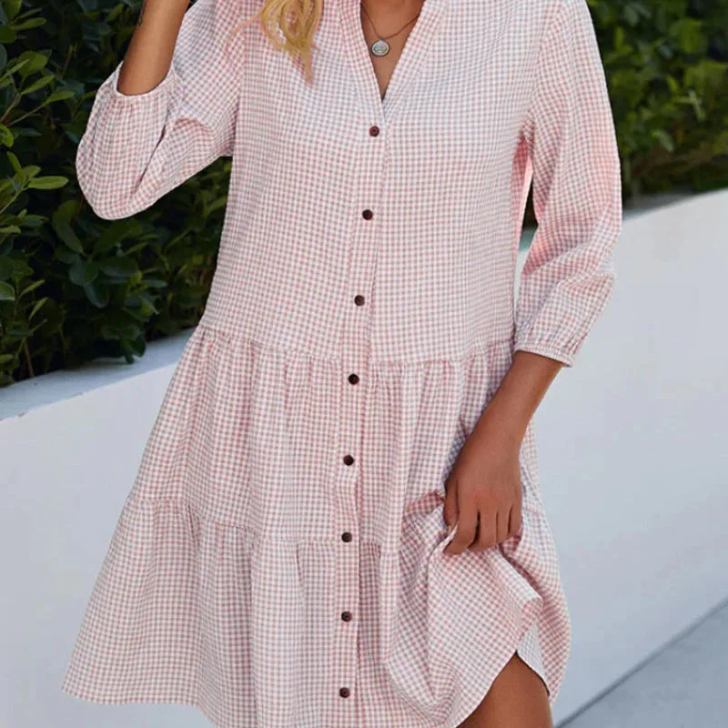 New Four Seasons Five-Quarter Sleeve Plaid Stand Collar Dress T-Shirt For Women