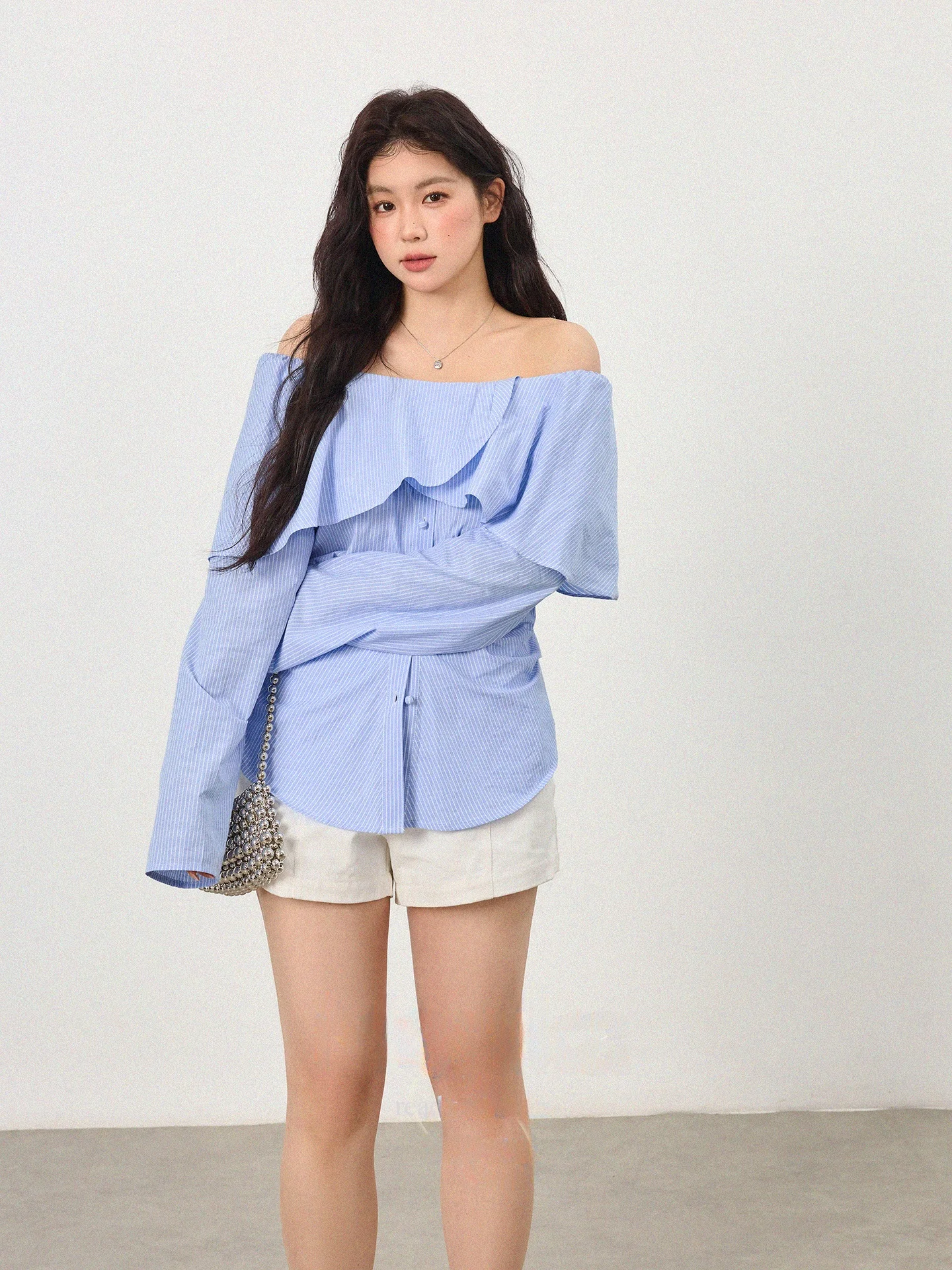 plus Size Women's Shirt Early Autumn New Waist-Cinching Slimming Top Micro Plump MM Lace Trim One-Shoulder Blouse French Style