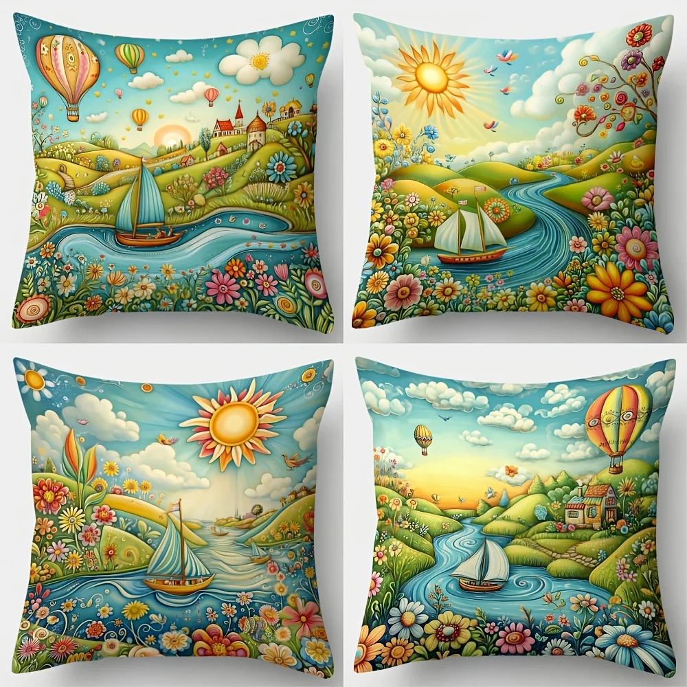 Sailing Ship with Tree and Flower Pattern single-sided digital printing Short plush Suitable living rooms sofas zippered closure
