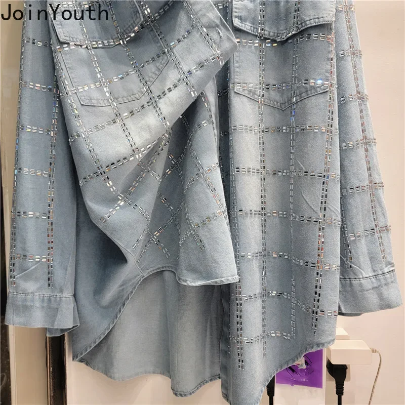 Streetwear Denim Blouses Women Clothing Long Sleeve Diamond Fashion Casual Shirts 2024 Camisas De Mujer Vintage Y2k Tops 7o646