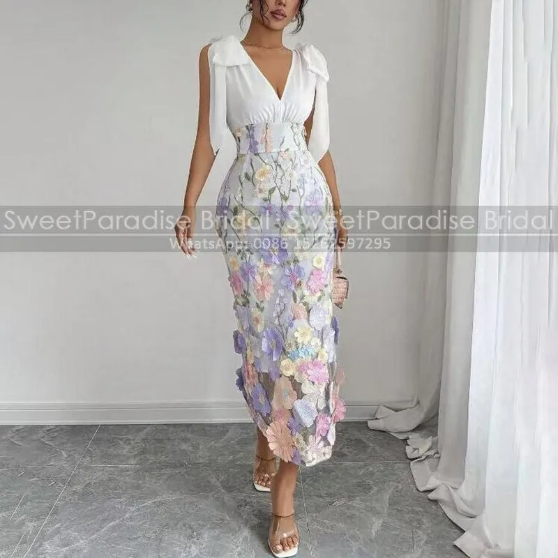 فستان سهرة مزين بالزهور طول الشاي حورية البحر عميق رقبة على شكل V بدون أكمام مخصص طويل غمد فساتين لحضور الحفلات الموسيقية للنساء #1