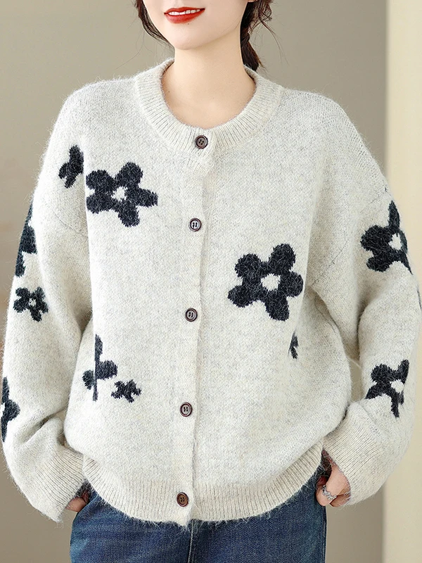 Soft Cozy Knitted Cardigan Women's Floral Print Gentle Sle Autumn Winter Long Sve Sweater Jaet Comfortable Loose Fit