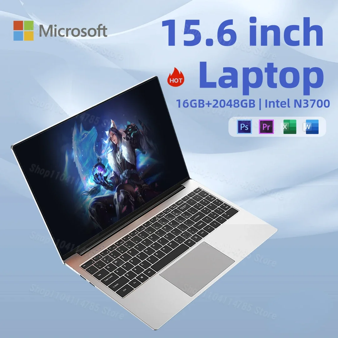 15.6 inch Portable laptop Intel N3700 16GB RAM+2048GB ROM Narrow Bezel Screen PC Windows 11 Office Entertainment Laptop