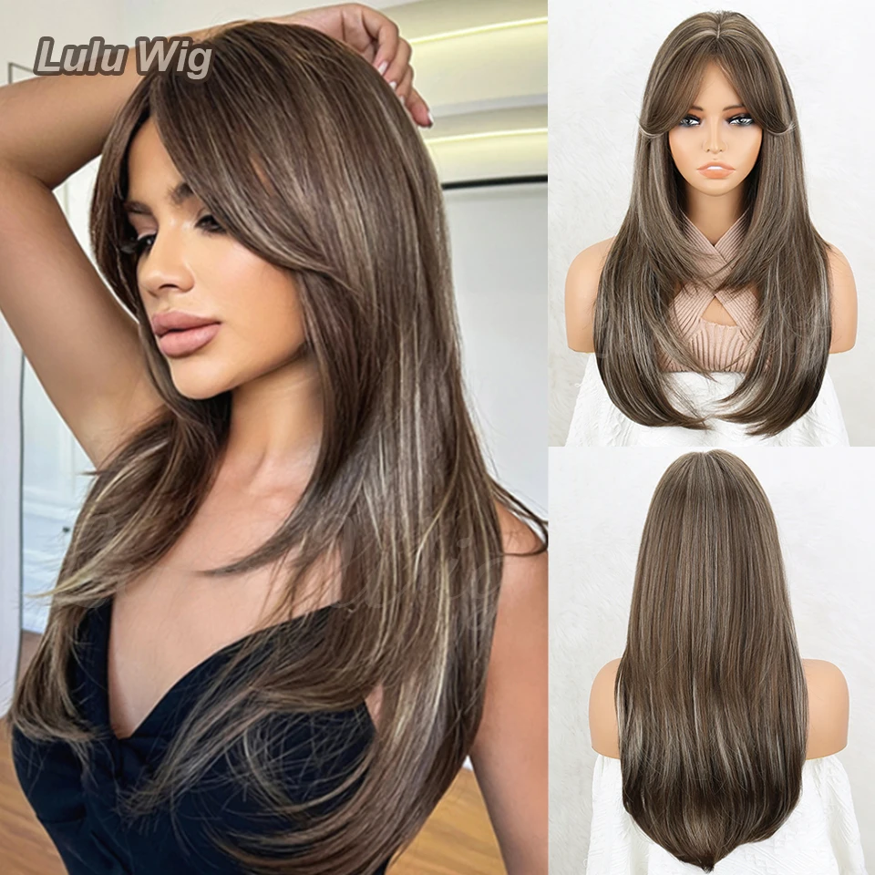 

Brown Wigs for Women,Long Layered Wigs with Curtain Bangs Heat Resistant Synthetic Fibre Wigs(Brown with Grey Highlight)