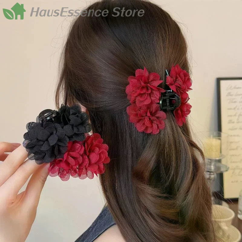 ※Fashion Fabric Rose Hair Claw Women Graceful Ponytail Clip Sweet Flowers Hair Clips Crab Claw Headdress Hair Accessories