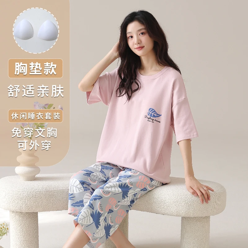 Pijamas Femininos de Verão Tamanho Grande M-5XL com Almofada no Peito 100% Algodão Conjunto Casual de Pijamas para Mulheres