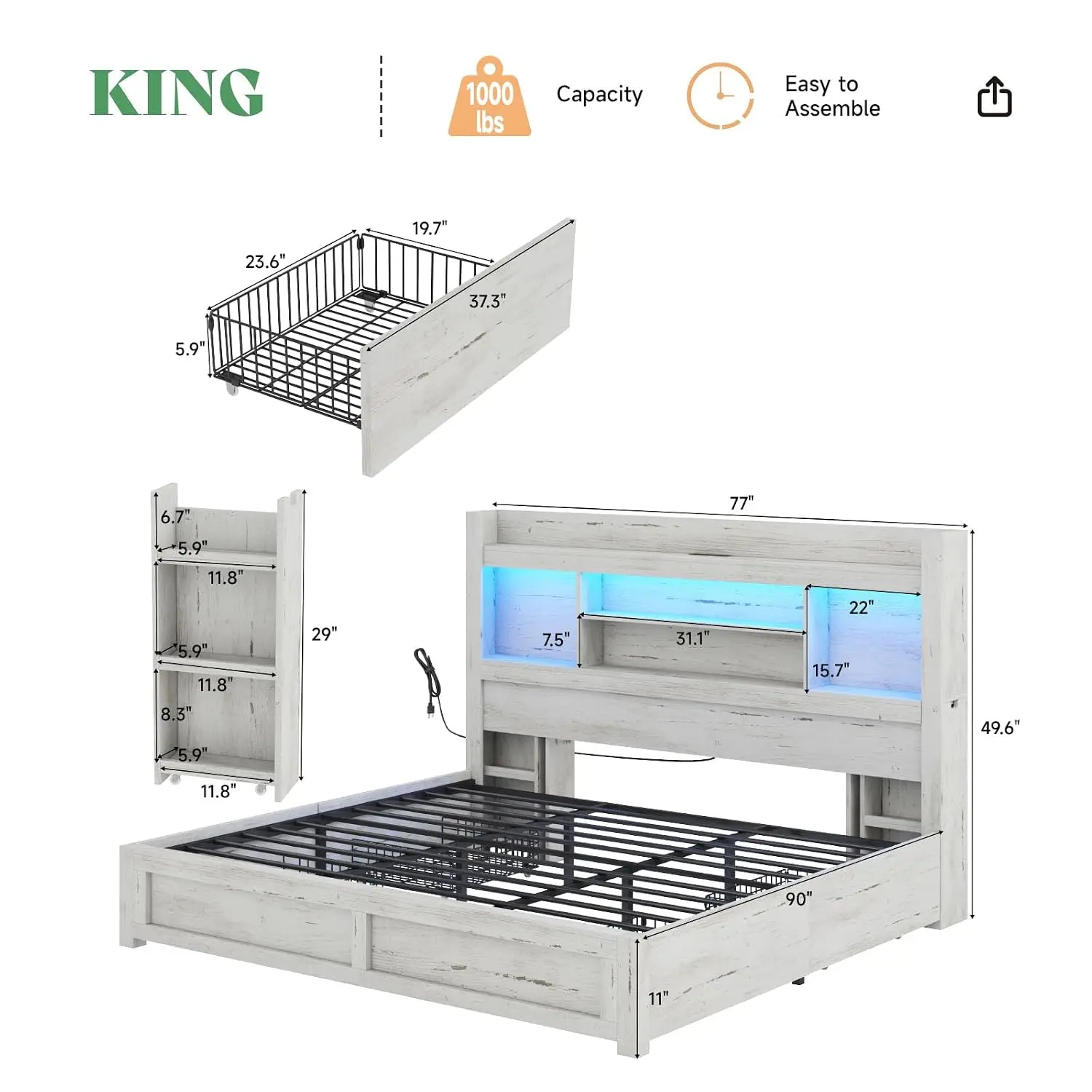 King Bed Frame Bookcase Headboard, 49.6