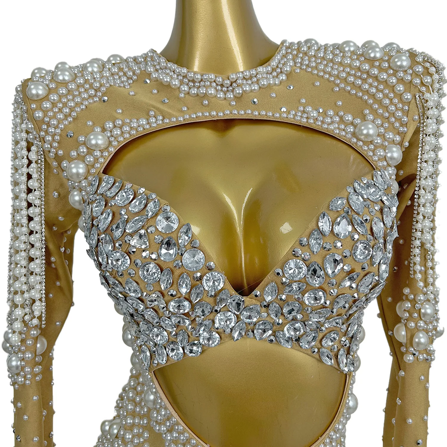 High-end Rhinestones Pearls Tassel Long Sleeve Bodysuit Women Sexy Performance Dance Costume Singer Dancer Stage Wear Cangxuan