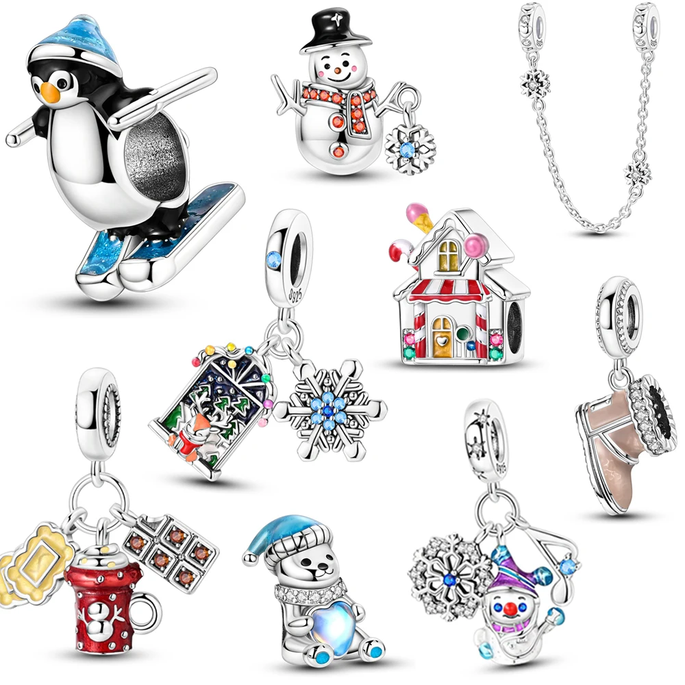 

2024 Winter Series 925 Sterling Silver Snowflake,Penguin Ski & Snow Boots Dangle Charm Fits Original Bracelet DIY Christmas Gift