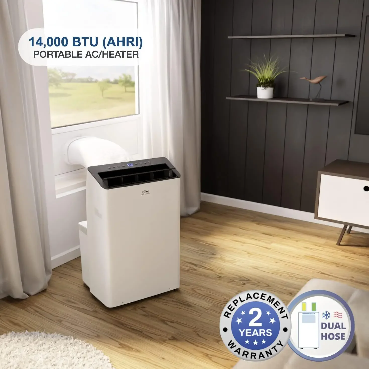 14.000 BTU (12.000 BTU SACC), inversor de aire acondicionado portátil y calentador con doble manguera, deshumidificador y ventilador