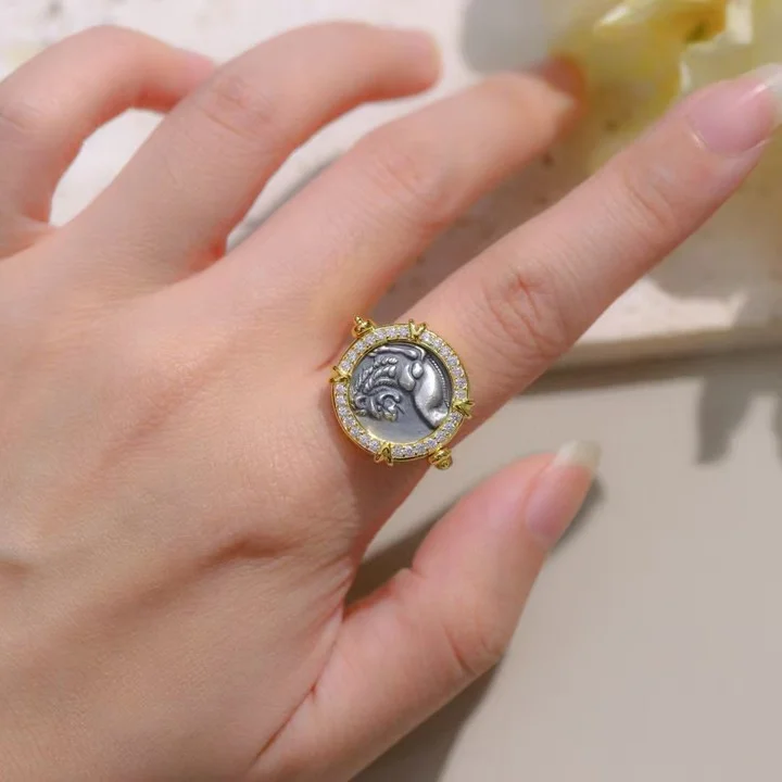 اليونانية القديمة محفورة الأسد مزدوجة الجانبين الرومانية عملة خاتم 925 فضة اليدوية 2 في 1 فنجر الفرقة/قلادة طبق الاصل مجوهرات #4