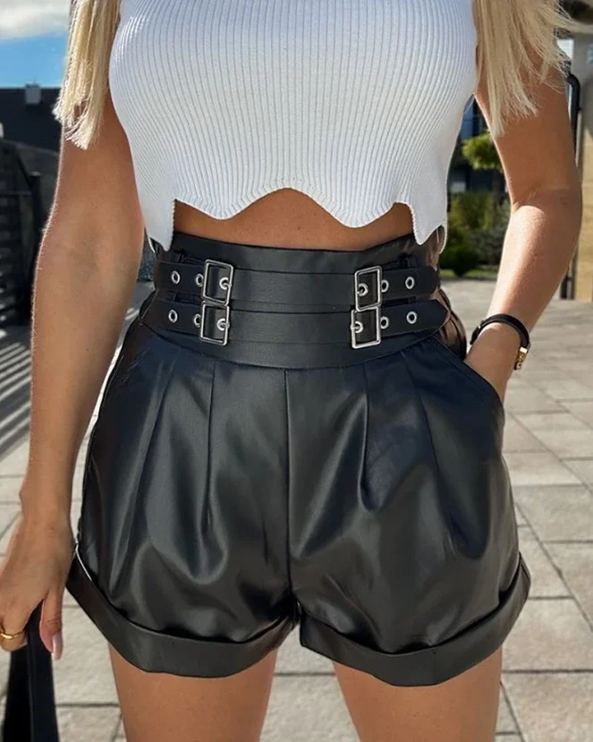 Women's Leather Shorts 2023 Fashion Summer Casual Curled Shorts Pu Leather Buckled Ruched Above Knee Shorts Y2K Streetwear