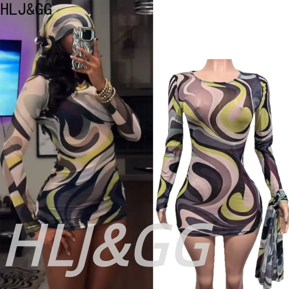 HLJ&GG Y2K Sexy Bodycon Mini Dresses Women Abstract Swirl Print Long Sleeve Slim Clubwear Party Dress with Matching Headscarf