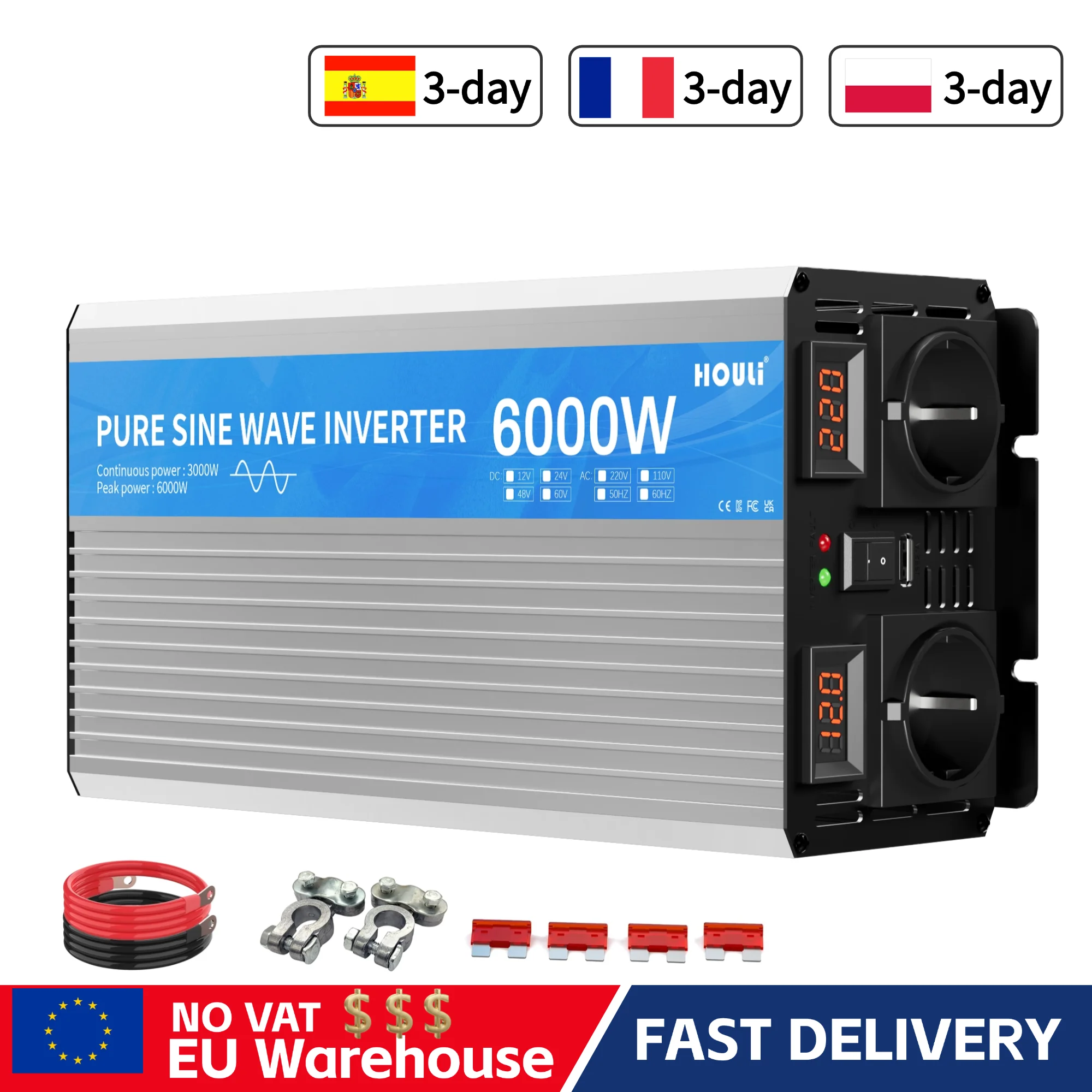 Houli Power Inverter Pure Sine Wave 3000W/6000W Converter 12V to 220V 230V Dual AC Outlets & 2 LED Display for RV Car Home Use