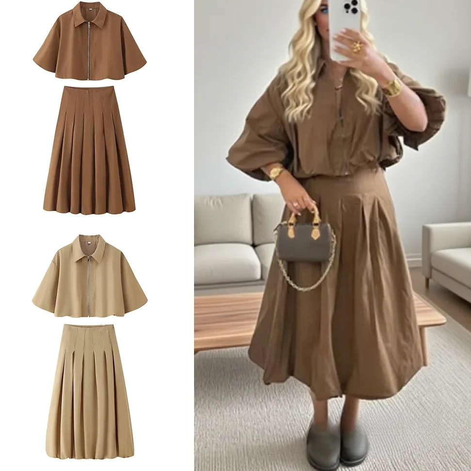 

KONDALA женский осенний винтажный комплект с юбкой, топ на молнии с длинными рукавами, длинная прямая драпированная юбка, новинка 2025 года, весенний модный праздничный комплект Mujer