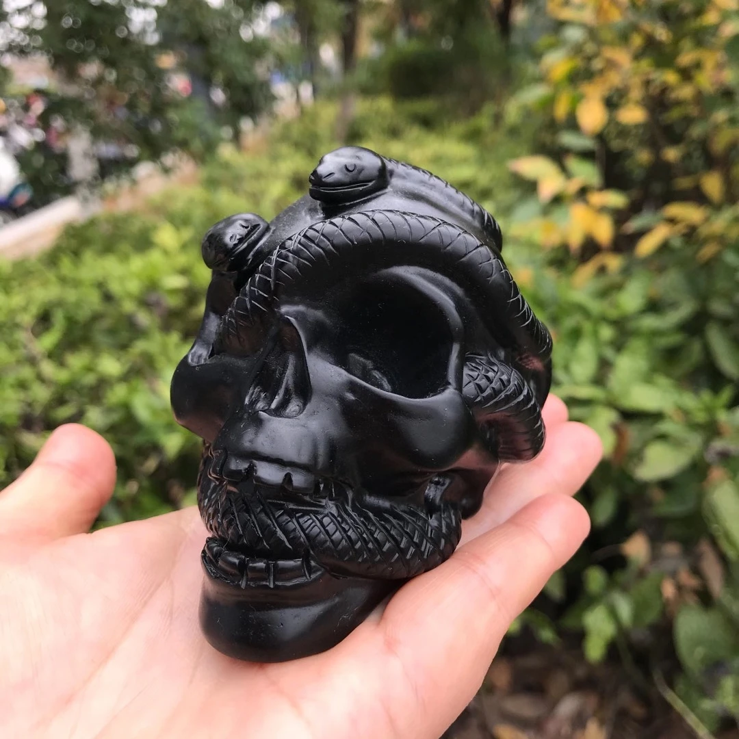 10cm Natural Obsidian Double Snake Skull Figurine Crystal Carved Statue Home Ornament art collectible Gift 1pcs