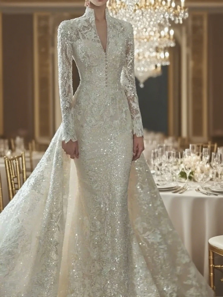 Gaun Pengantin Putri Duyung Elegan Gaun Pengantin Balap Applique Lengan Panjang Leher Tinggi Gaun Pantai Tulle Ruched Satin Kereta Pengadilan