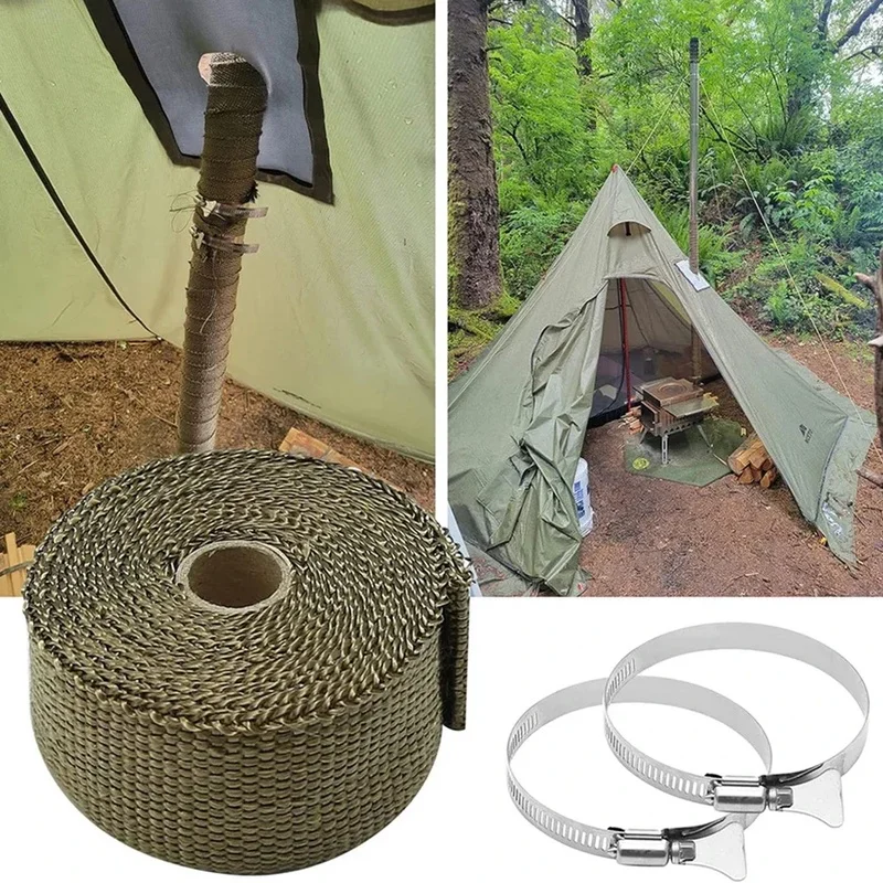 

Camping Tent Stove Chimney Fireproof Ribbon Adjustable Anti-Scald Chimney Protector with 2 Clamps Stove Flue Protector Belt