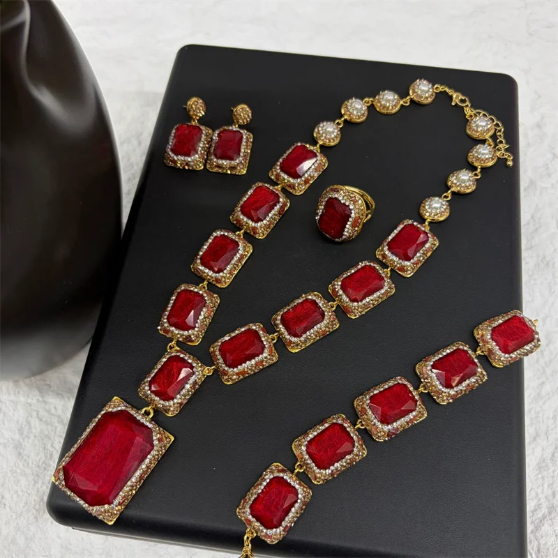 Rectangle Stone Inlaid Rhinestone Necklace Bracelet Ring Earrings Women Vintage Jewelry Set 4Pcs Party Ornaments Christmas Gift