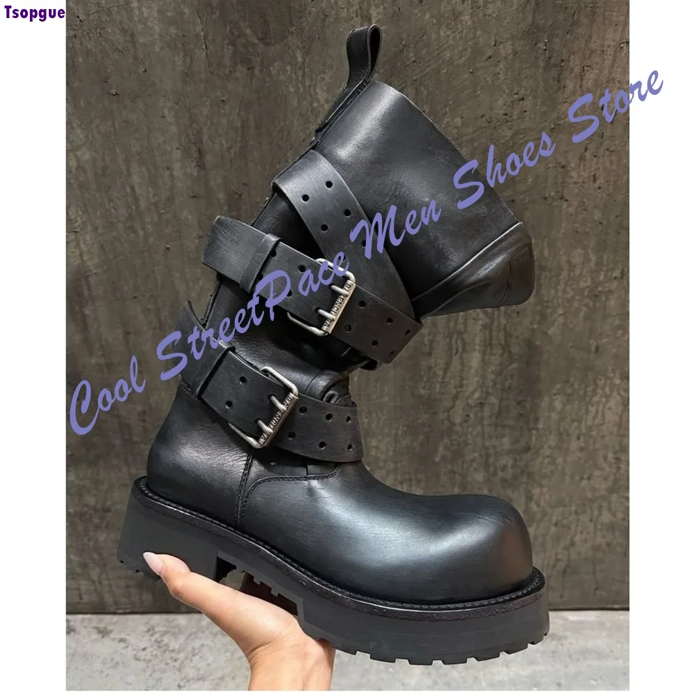 Multi Buckle Platform Ankle Combat Boots Men Black Distressed Round Toe Dark Street Punk Handmade Fashion Street Short Boots