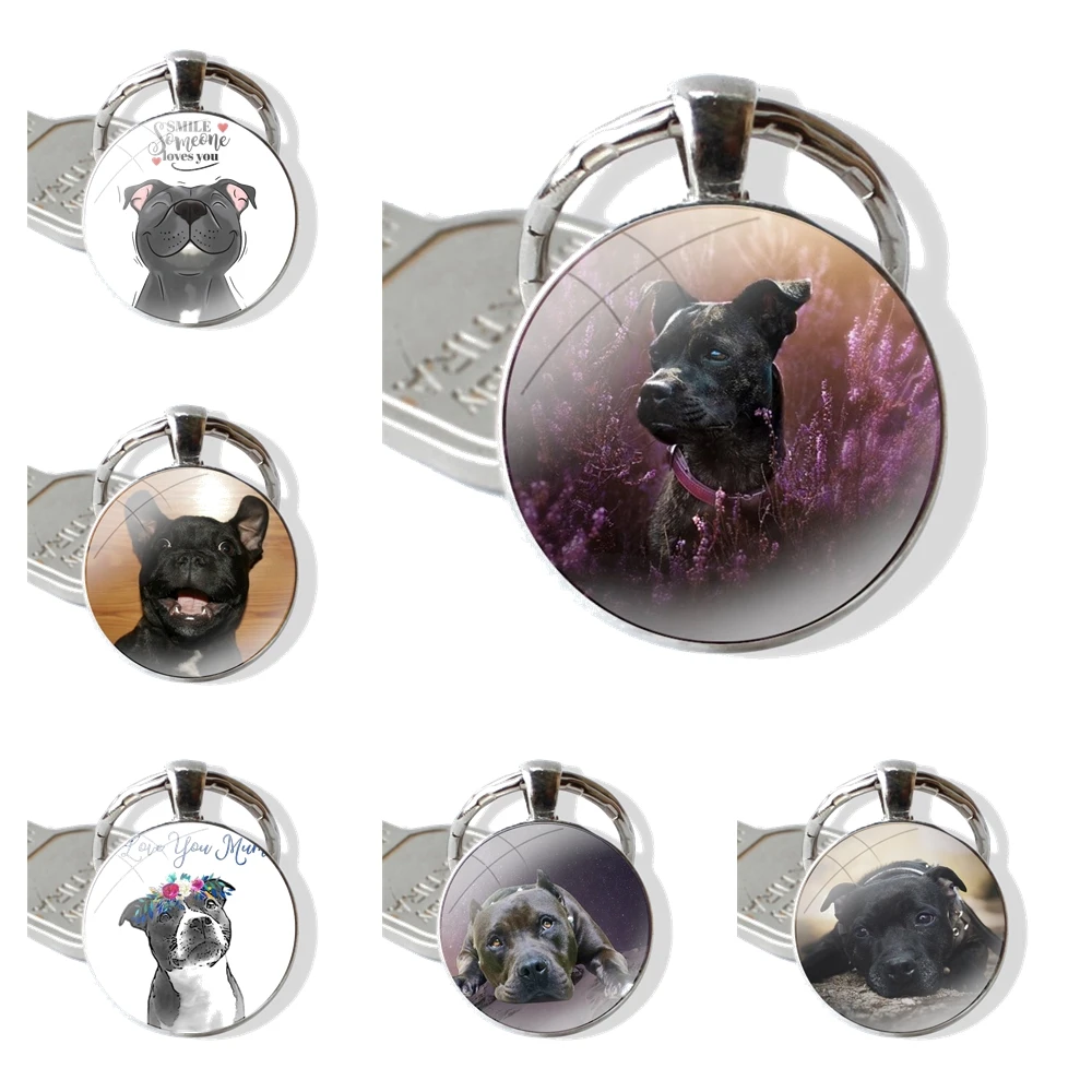 Cute Staffordshire Bull Terrier Dog Love Keychain Handmade Glass Cabochon Key Ring Holder Pendant Key Chains