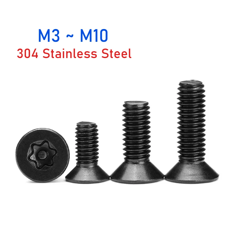 M3~M10 Black 304 Stainless Steel Six-Lobe Torx Flat Countersunk Head Screw with Pin Tamper Proof Security Bolt