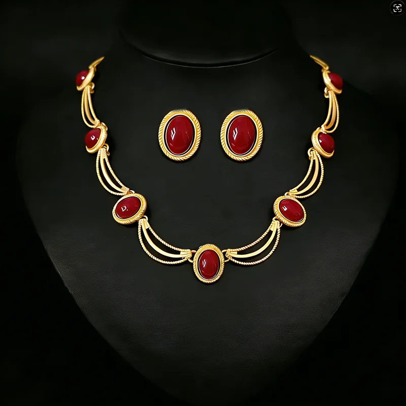 2 Pcs Retro Geometric Oval Acrylic Choker Necklace Stud Earrings Set Imitation Gemstones Jewelry for Gathering Party Banquet H