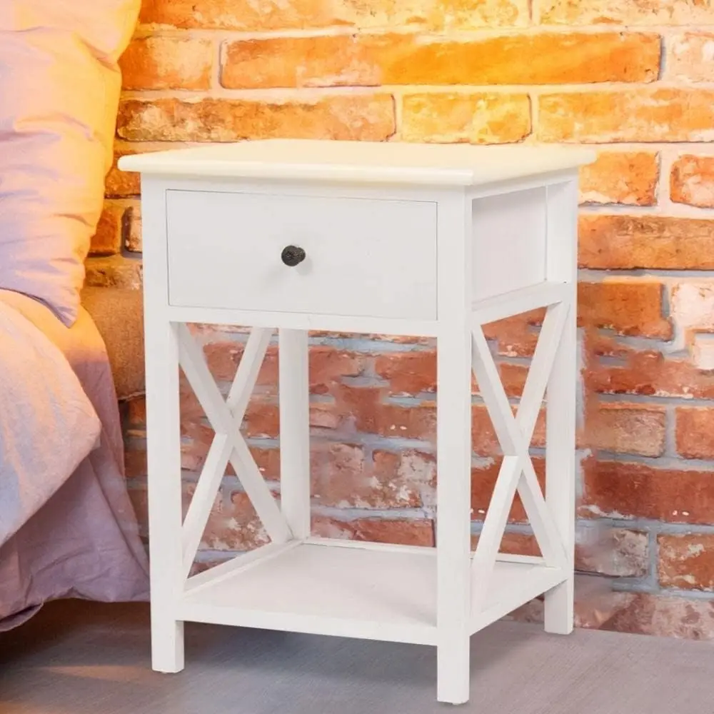 /1X Bedside Table with Drawer and Shelves, Wooden Side Table Nightstand
