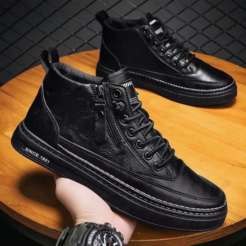 Men's Shoes Fashion High Top Sneakers PU Leather Casual Shoes for Men Platform Boots Retro Zipper Ankle Boots Zapatillas Hombre - view 3