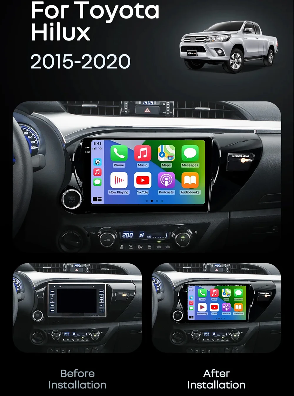 Android 16 Carplay Auto For Toyota Hilux LHD 2015 2016 2017 2018 2020 2021 2023 Car Radio Multimedia Video Player Navigation GPS