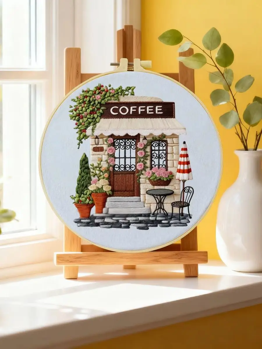 1 Stück 20X20CM/15X15CM 7,87/6,3 Zoll Kaffeehaus-Stickerei-Starter-Kit DIY-Kit DIY-Stickerei-Set Handarbeiten Nähkunst – Detail 6