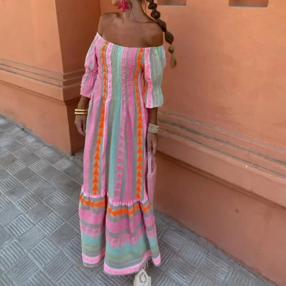 Lady Maxi Dress Bohemian Style Geometric Print Maxi Dress for Women Square Neck Pleated Patchwork Half Sleeves Vacation Beach
