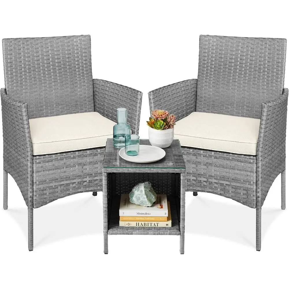 

Space-Saving 3-Piece Wicker Bistro Set with Side Table, Gray/Cream for Outdoor Patio or Garden