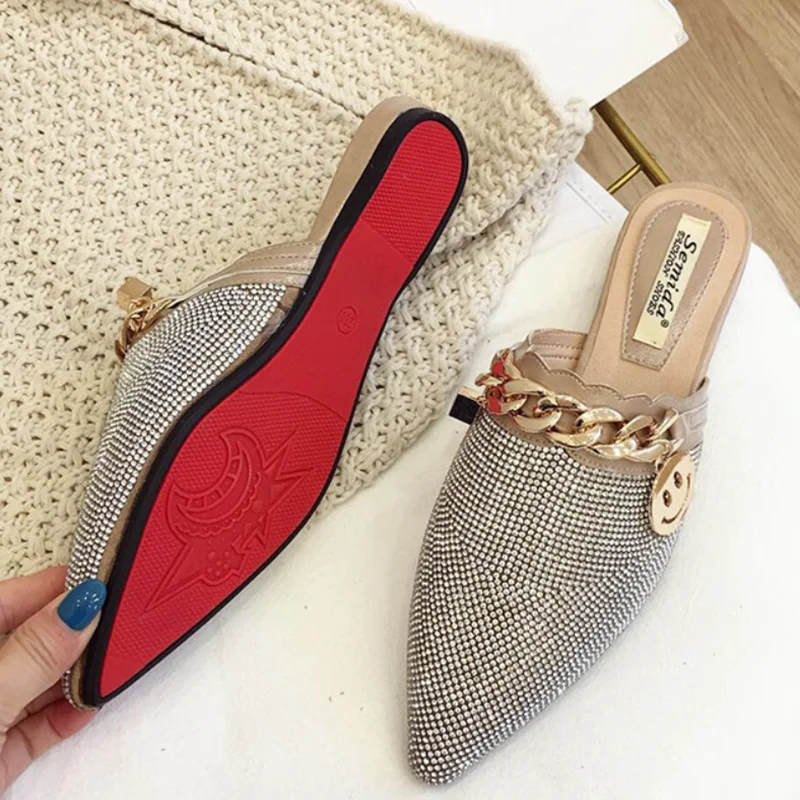 Black Khaki Italian Women Shoes Classic Luxury Retro Slippers Shallow Mouth Metal Mixed Color Slides Flat Outdoor Fashionable 43