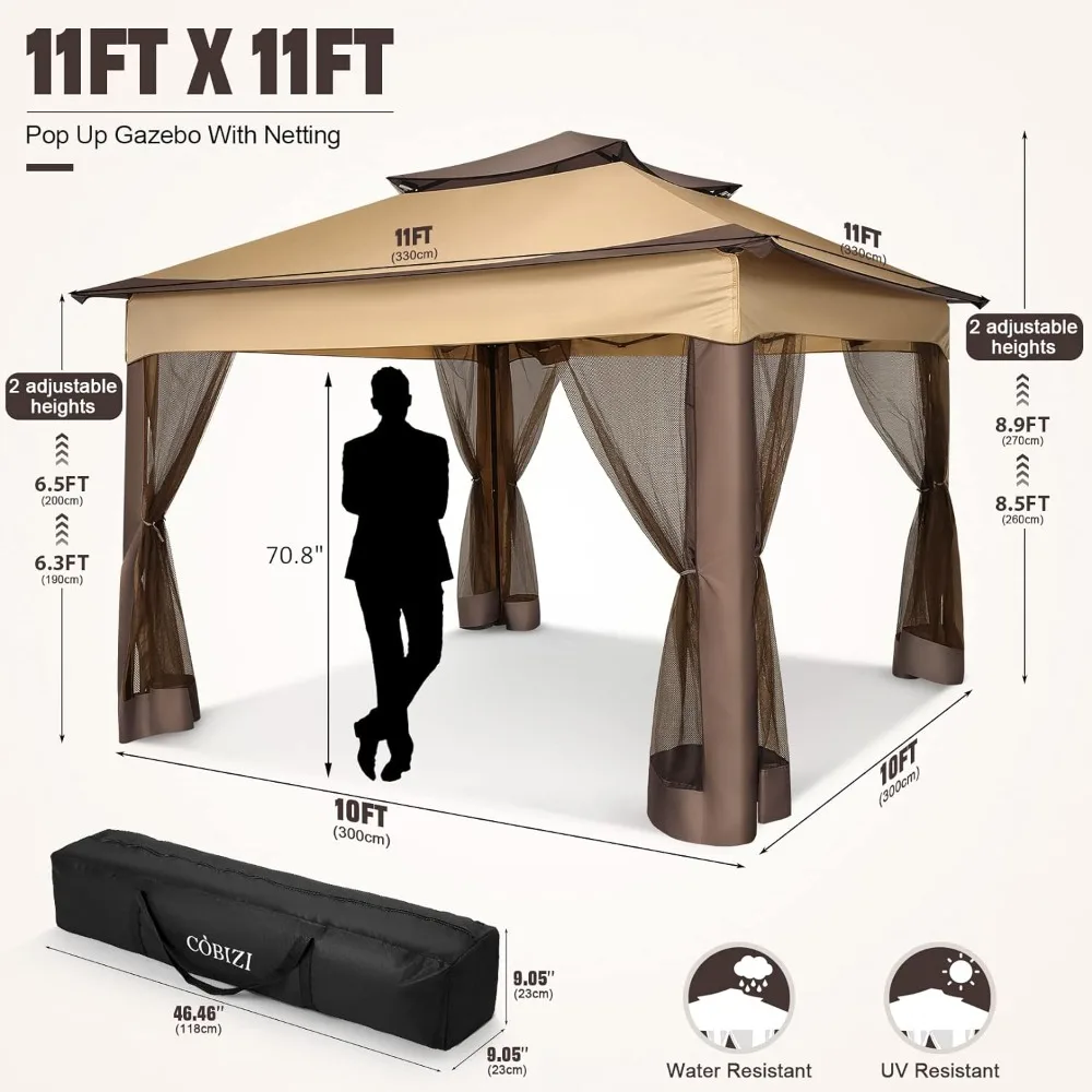 Pop-up pavilion Patio11x11 outdoor pavilion with mosquito net,outdoor canopy with dual roof ventilation,121 square feet sunshade