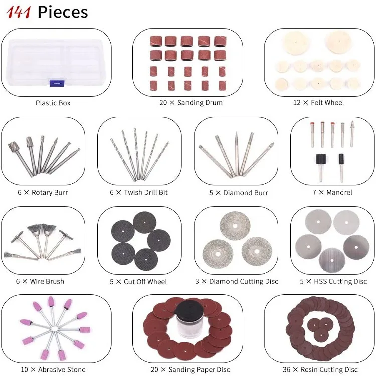 Mini perceuse électrique, ensemble d'accessoires pour outils multi-distants, meulage, polissage, kits de polissage rotatifs pour accessoire Dremel, 141 pièces