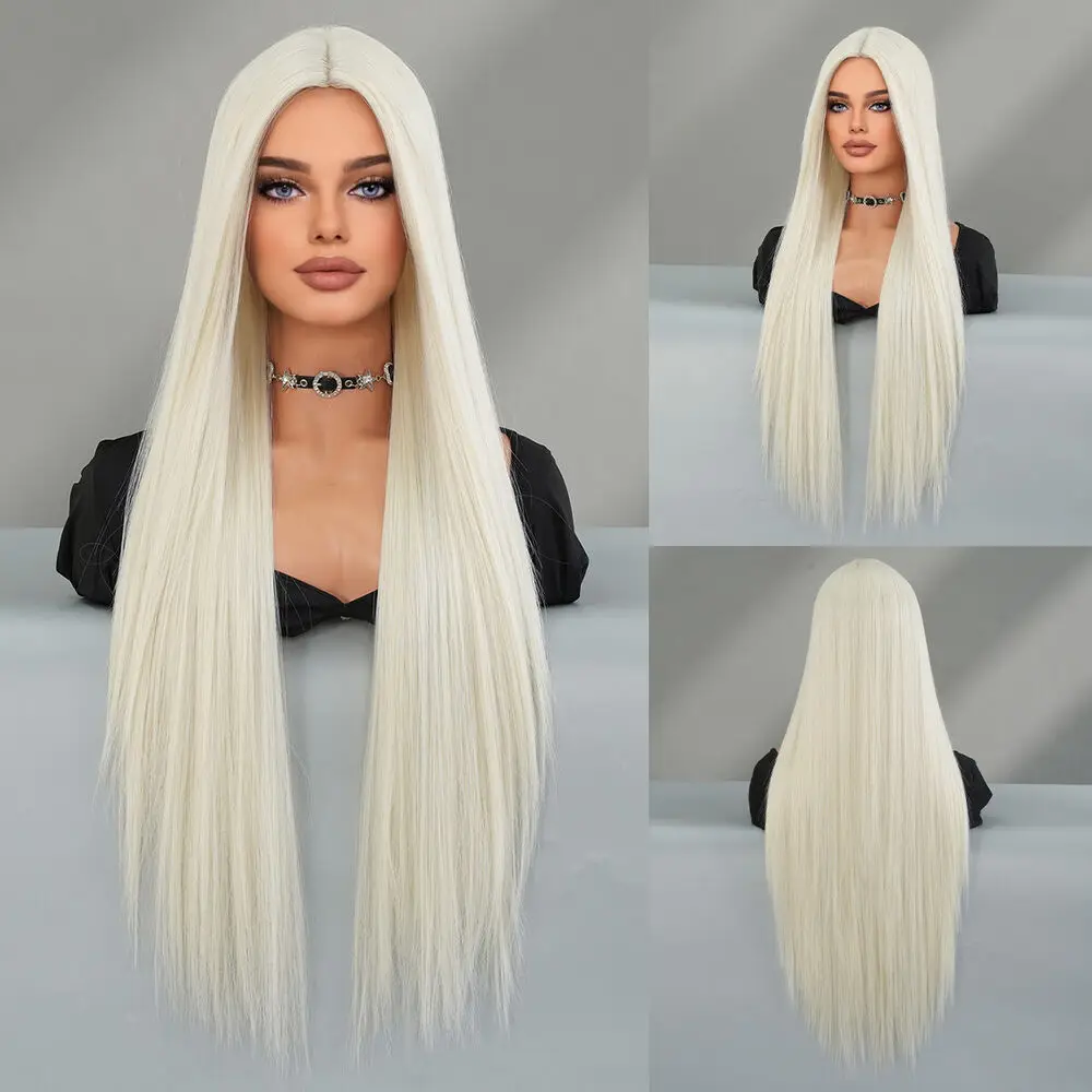 Bleach blonde Long Straight Halloween Dress Up Wig Synthetic Hair Women