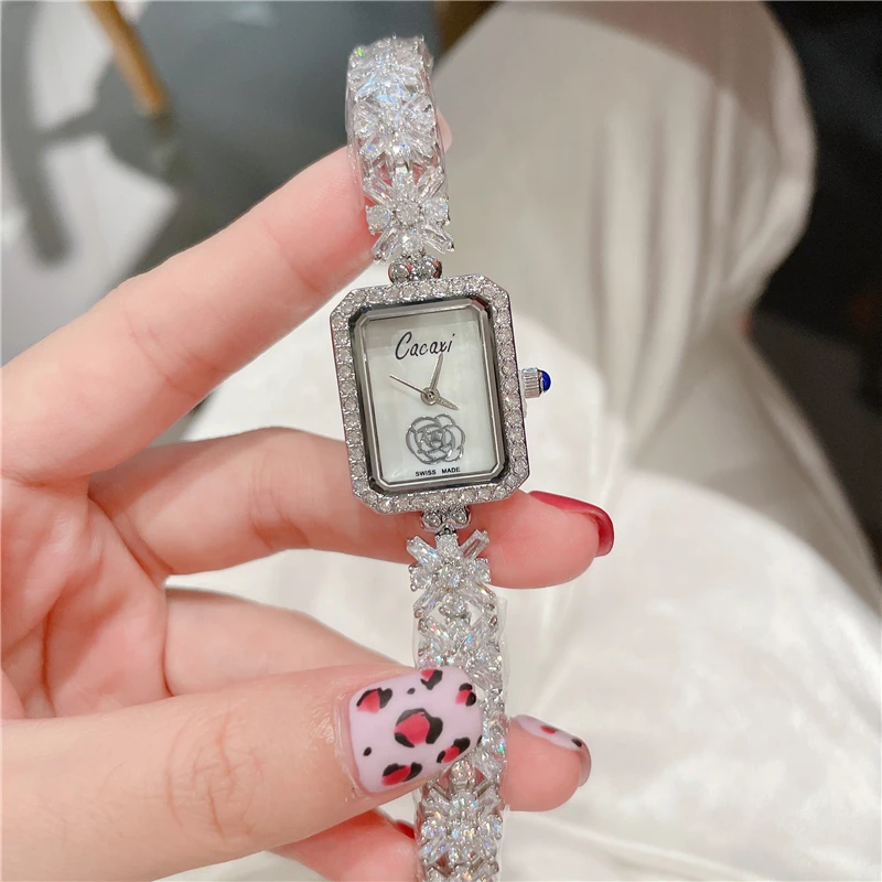 Qualtiy AAA Zircon Watches Camellia Flower Rectangle WomenWatch Crystal Bracelet Watch for Wedding Party Fashion Jewelry  A172