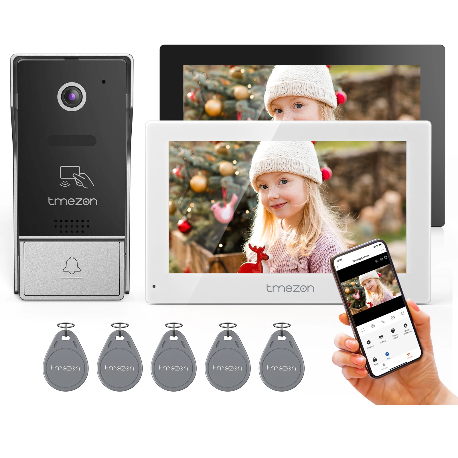 4-wire TMEZON 7 Inch Tuya 1080P Wifi Smart Video Doorphone Intercom System with  Wired Doorbell for home, RFID Card/TouchScreen