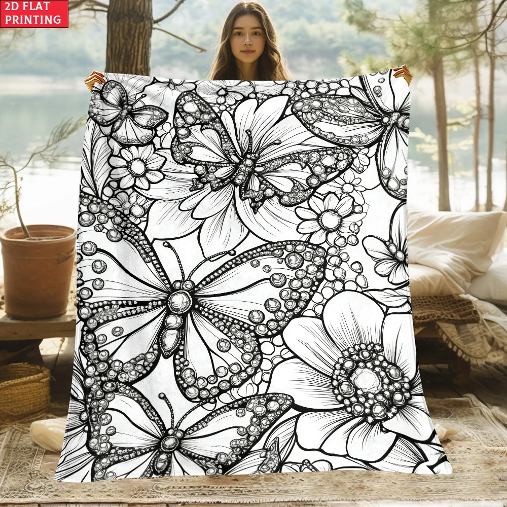 Schwarz-weiße Line-Art-Überwurfdecke mit verschiedenen Skizzenmustern, Handherz-, Blumen- und Naturdekor für Sofa und Schlafzimmer – Detail 4