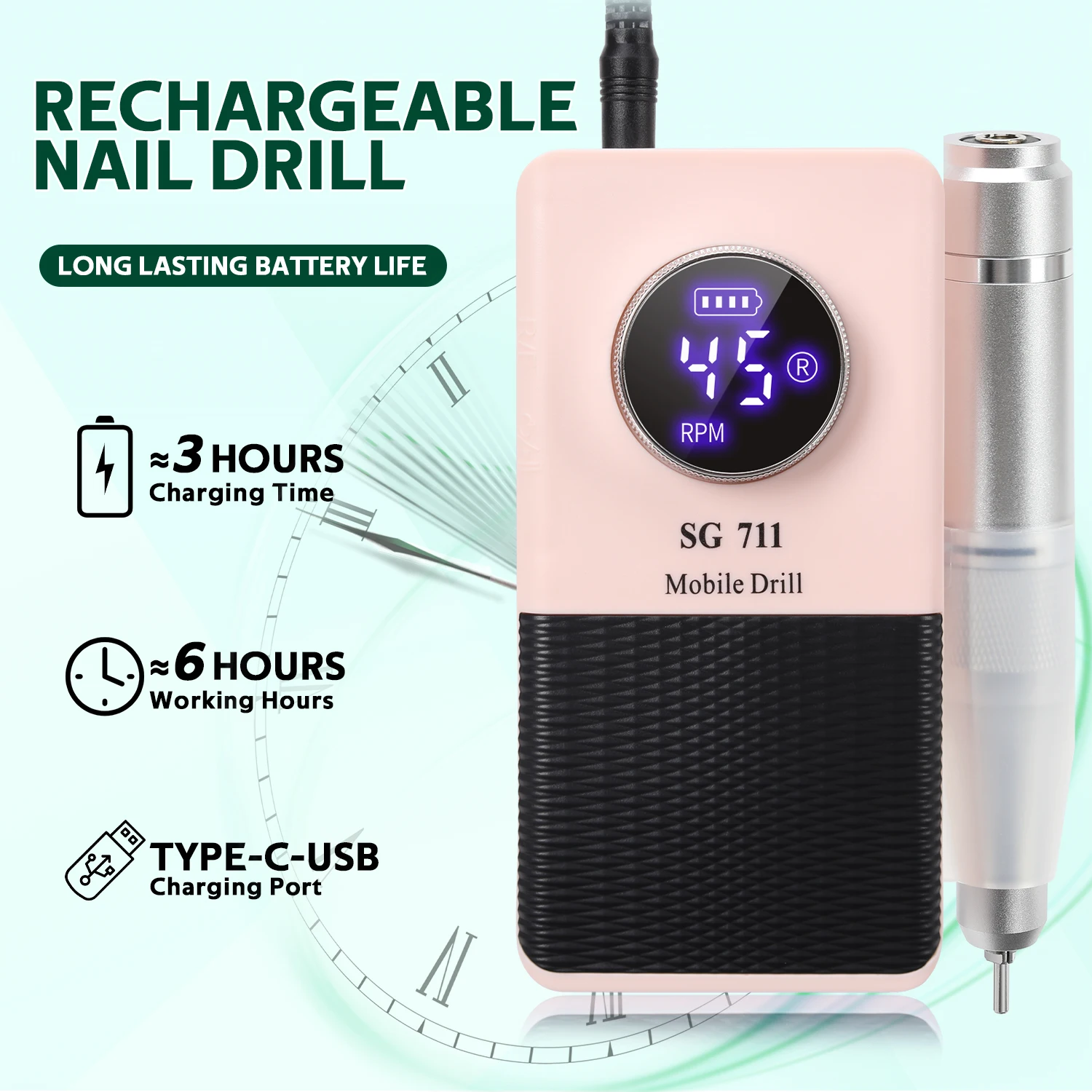 45000RPM Electric Nail Drill Machine Rechargeable Drill for Nails Professional Nail Polisher File For Acrylic Gel Nail Tools