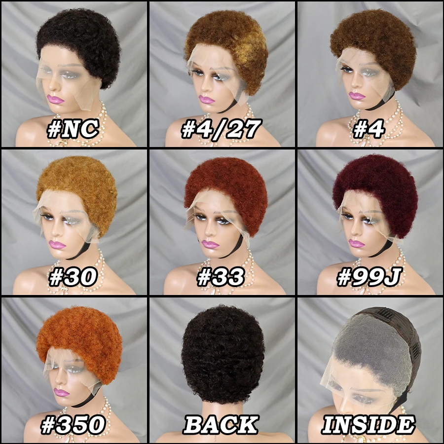 13X4 Pixie Cut Wigs Human Hair Glueless 13X4 Transparent Lace Front Short Kinky Curly Afro Brazilian 100% Natural Black Color